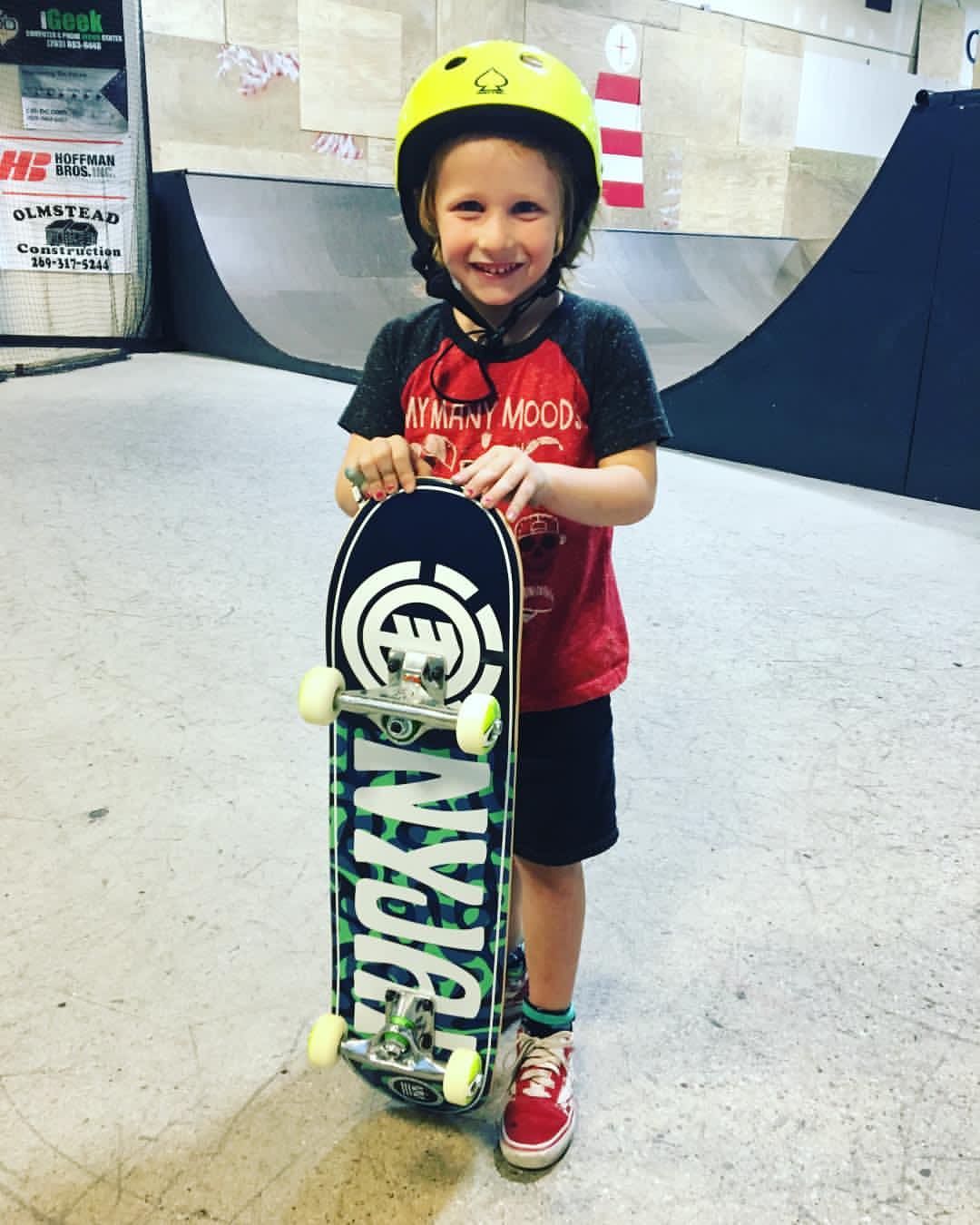 Enjoying skate lessons with a new  Element Skateboard